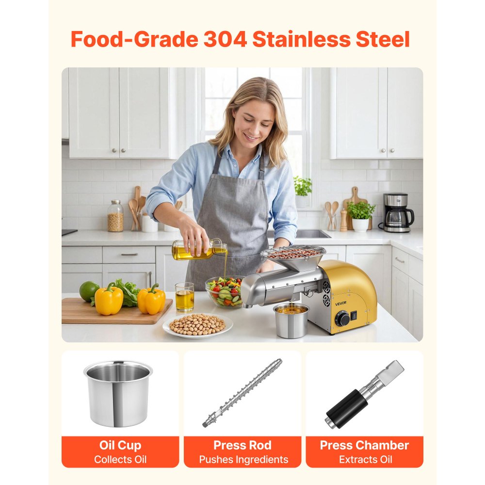 VEVOR Oil Press Machine, 5KG/H Capacity, 1250W Oil Extractor Machine, Automatic Electric Oil Maker for Home Commercial Use, 50℃-300℃ Hot & Cold Pressing for Peanuts Sesames Soybeans Almonds