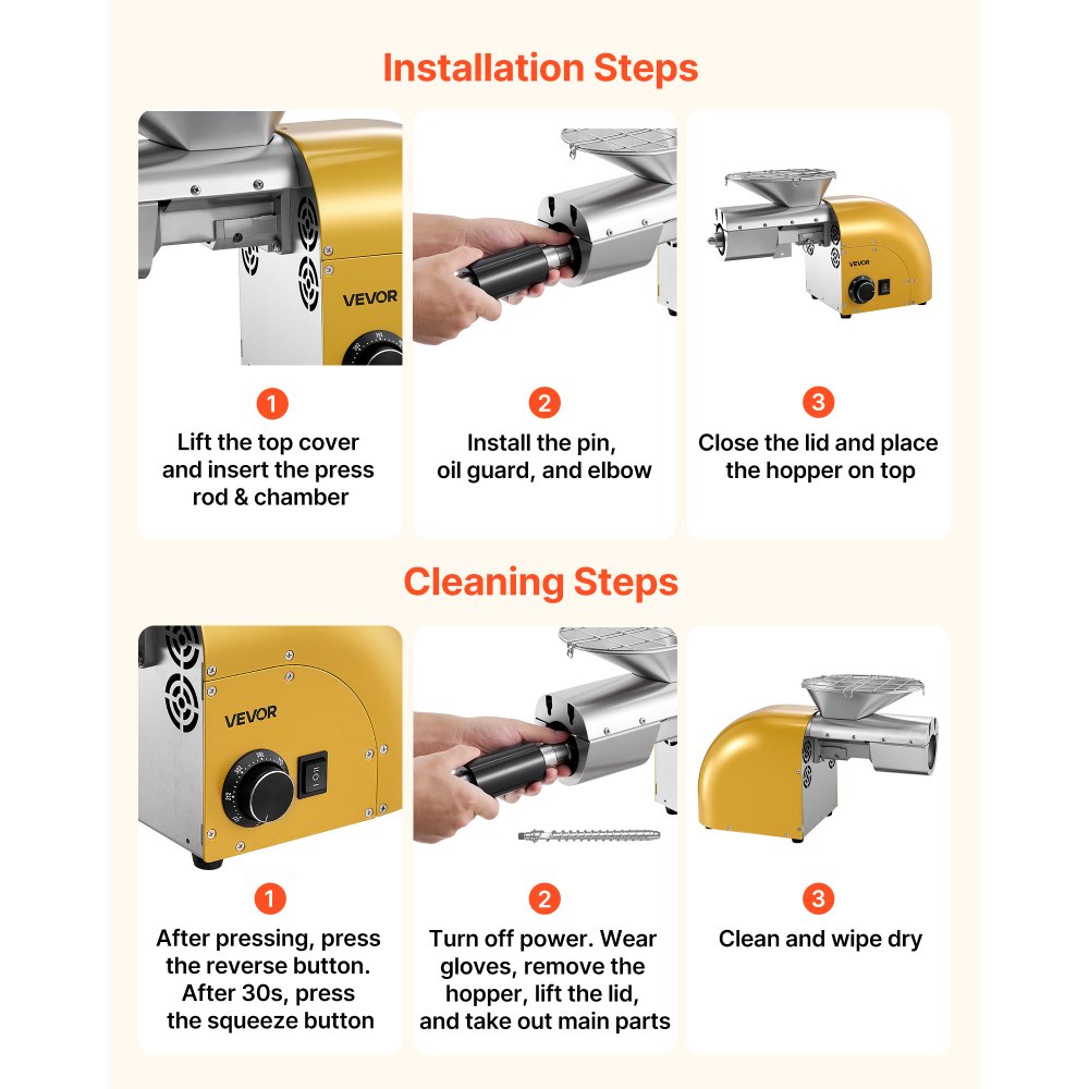VEVOR Oil Press Machine, 5KG/H Capacity, 1250W Oil Extractor Machine, Automatic Electric Oil Maker for Home Commercial Use, 50℃-300℃ Hot & Cold Pressing for Peanuts Sesames Soybeans Almonds