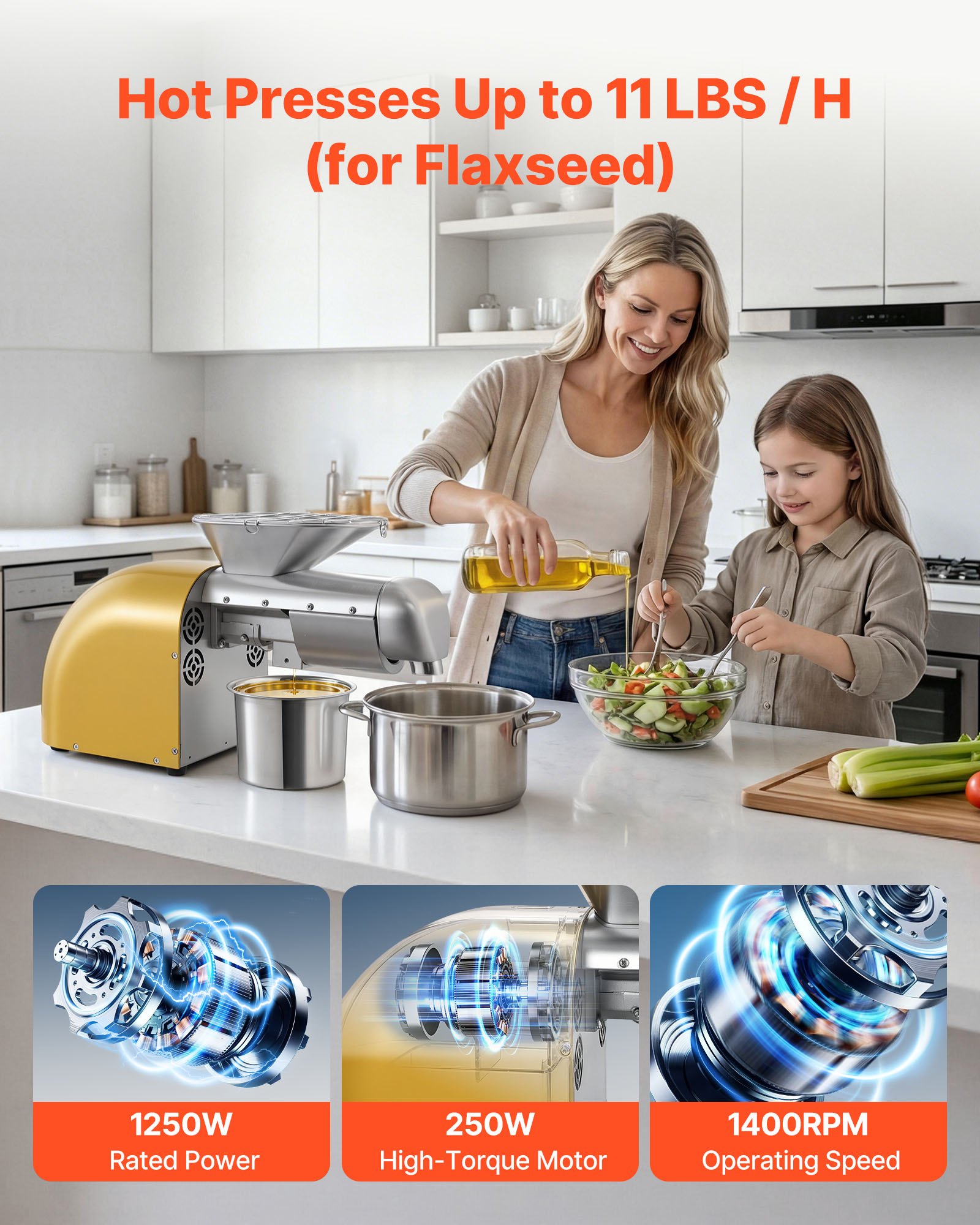VEVOR Oil Press Machine, 5KG/H Capacity, 1250W Oil Extractor Machine, Automatic Electric Oil Maker for Home Commercial Use, 50℃-300℃ Hot & Cold Pressing for Peanuts Sesames Soybeans Almonds