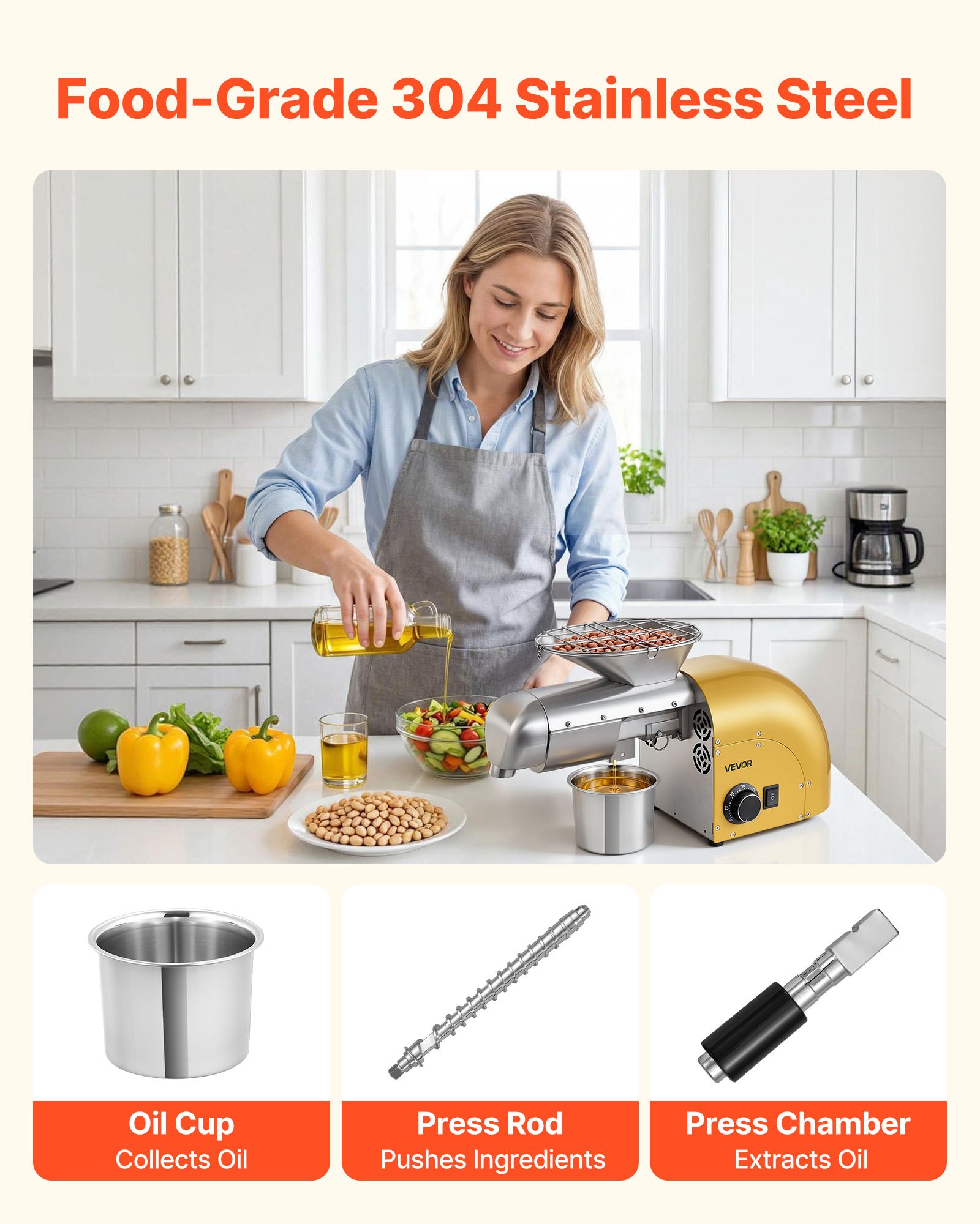 VEVOR Oil Press Machine, 5KG/H Capacity, 1250W Oil Extractor Machine, Automatic Electric Oil Maker for Home Commercial Use, 50℃-300℃ Hot & Cold Pressing for Peanuts Sesames Soybeans Almonds