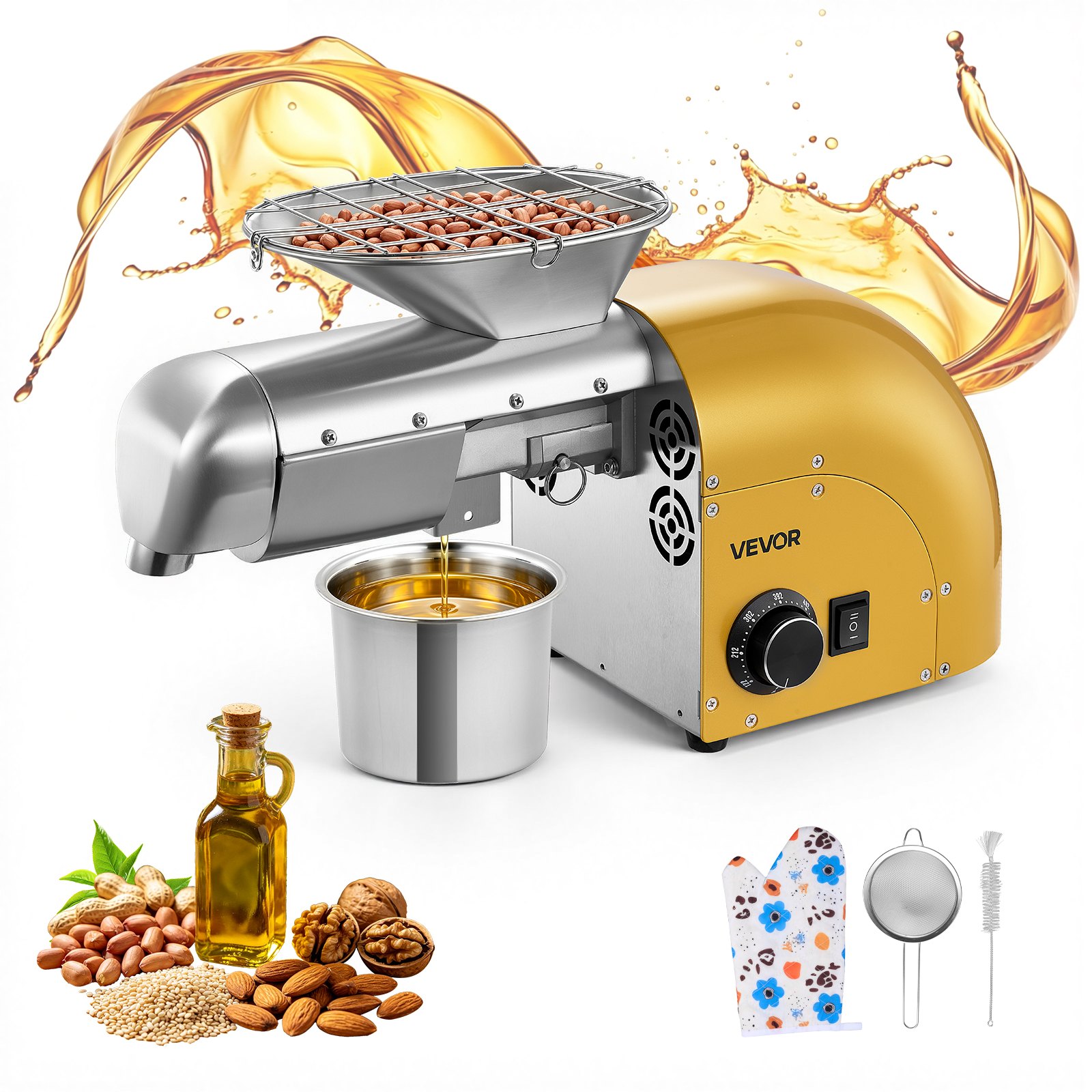 VEVOR Oil Press Machine, 5KG/H Capacity, 1250W Oil Extractor Machine, Automatic Electric Oil Maker for Home Commercial Use, 50℃-300℃ Hot & Cold Pressing for Peanuts Sesames Soybeans Almonds
