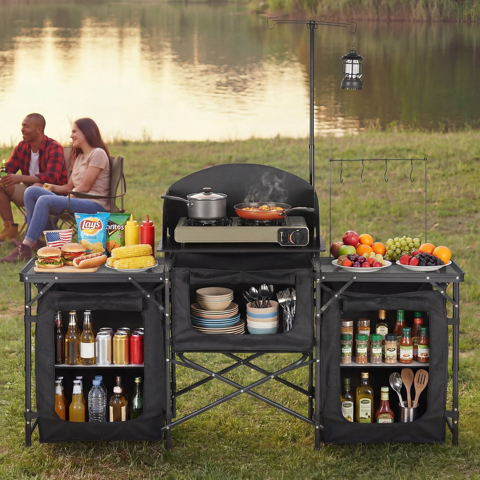 VEVOR Folding Camping Table, Outdoor Portable Table, Quick Set-up Kitchen Cook Station, with Storage Organizer, Telescoping Legs, a Detachable Windscreen, Carrying Bag, for Picnic BBQ RV Traveling