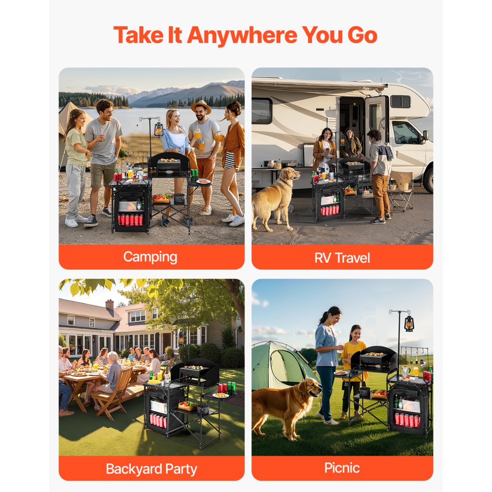 VEVOR Camping Kitchen Table, Outdoor Camp Cooking Table, Aluminum Portable Cook Station with Storage Cupboard, Carrying Bag, Detachable Windscreen, Quick Set-up for BBQ Party Picnic RV Travel, Black