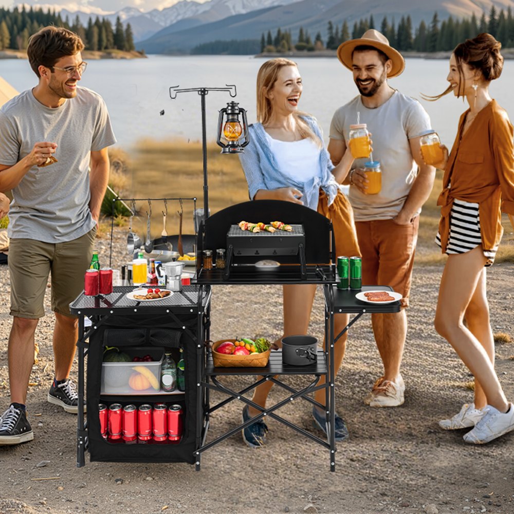 VEVOR Camping Kitchen Table, Outdoor Camp Cooking Table, Aluminum Portable Cook Station with Storage Cupboard, Carrying Bag, Detachable Windscreen, Quick Set-up for BBQ Party Picnic RV Travel, Black