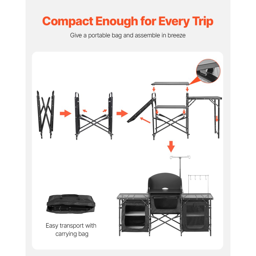 VEVOR Camping Kitchen Table, Outdoor Camp Cooking Table, Aluminum Portable Cook Station with 3 Storage Cupboard, Carrying Bag, Detachable Windscreen, Quick Set-up for BBQ Party Picnic RV Travel, Black