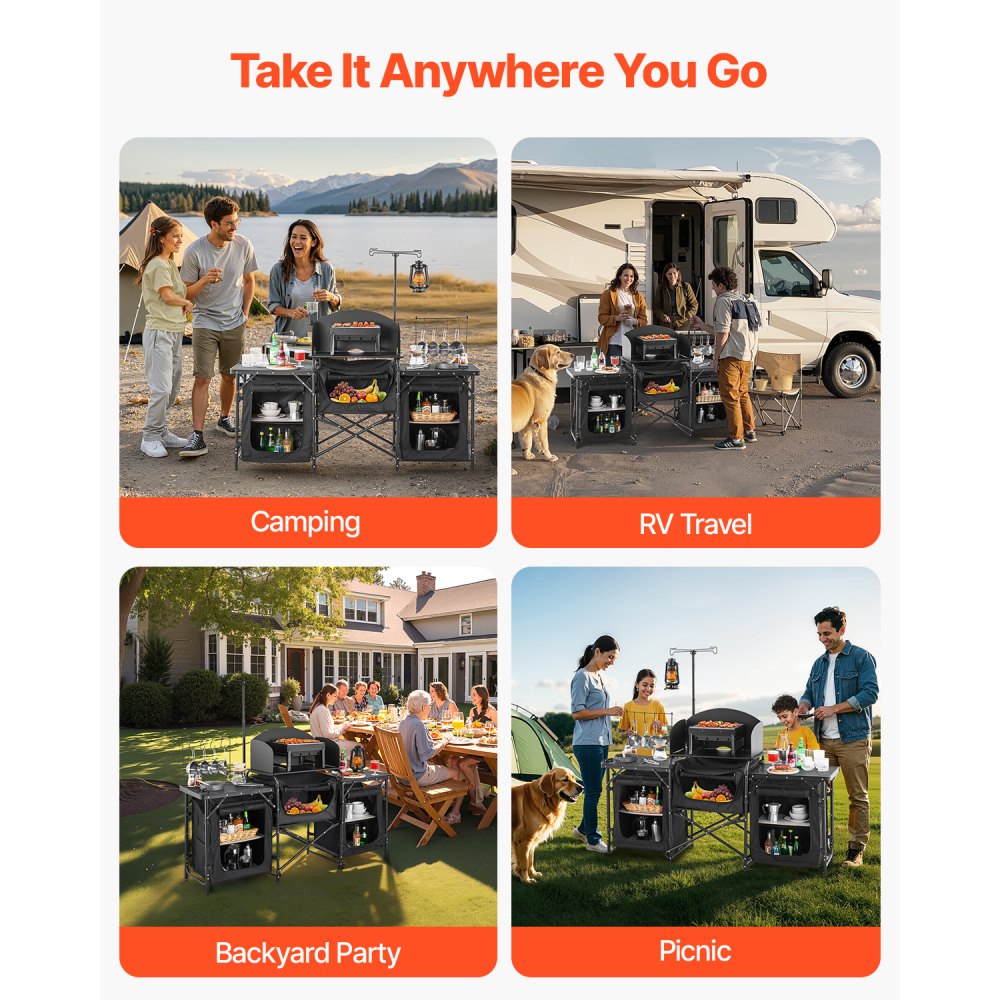 VEVOR Camping Kitchen Table, Outdoor Camp Cooking Table, Aluminum Portable Cook Station with 3 Storage Cupboard, Carrying Bag, Detachable Windscreen, Quick Set-up for BBQ Party Picnic RV Travel, Black