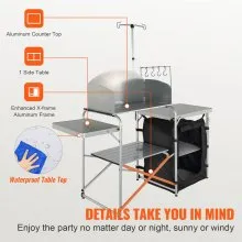 VEVOR Camping Kitchen Table, Folding Outdoor Cooking Table with Storage Carrying Bag, Aluminum Cook Station 1 Cupboard & Detachable Windscreen, Quick Set-up for Picnics, BBQ, RV Traveling, Black