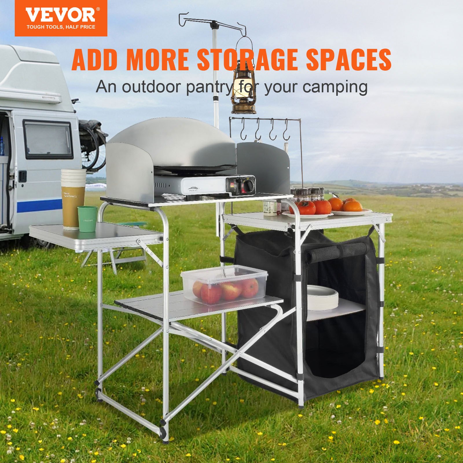 VEVOR Camping Kitchen Table, Folding Outdoor Cooking Table with Storage Carrying Bag, Aluminum Cook Station 1 Cupboard & Detachable Windscreen, Quick Set-up for Picnics, BBQ, RV Traveling, Black