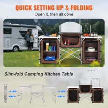 VEVOR Camping Kitchen Table Folding Portable Cook Table 3 Cupboards Brown