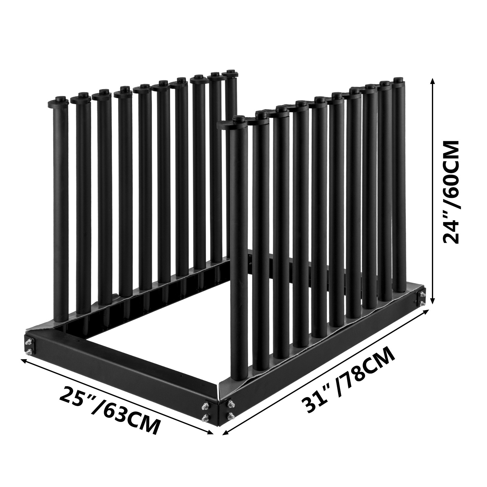 black VEVOR windshield rack, dimensions 25&quot;x31&quot;x24&quot;, holds windshields securely.