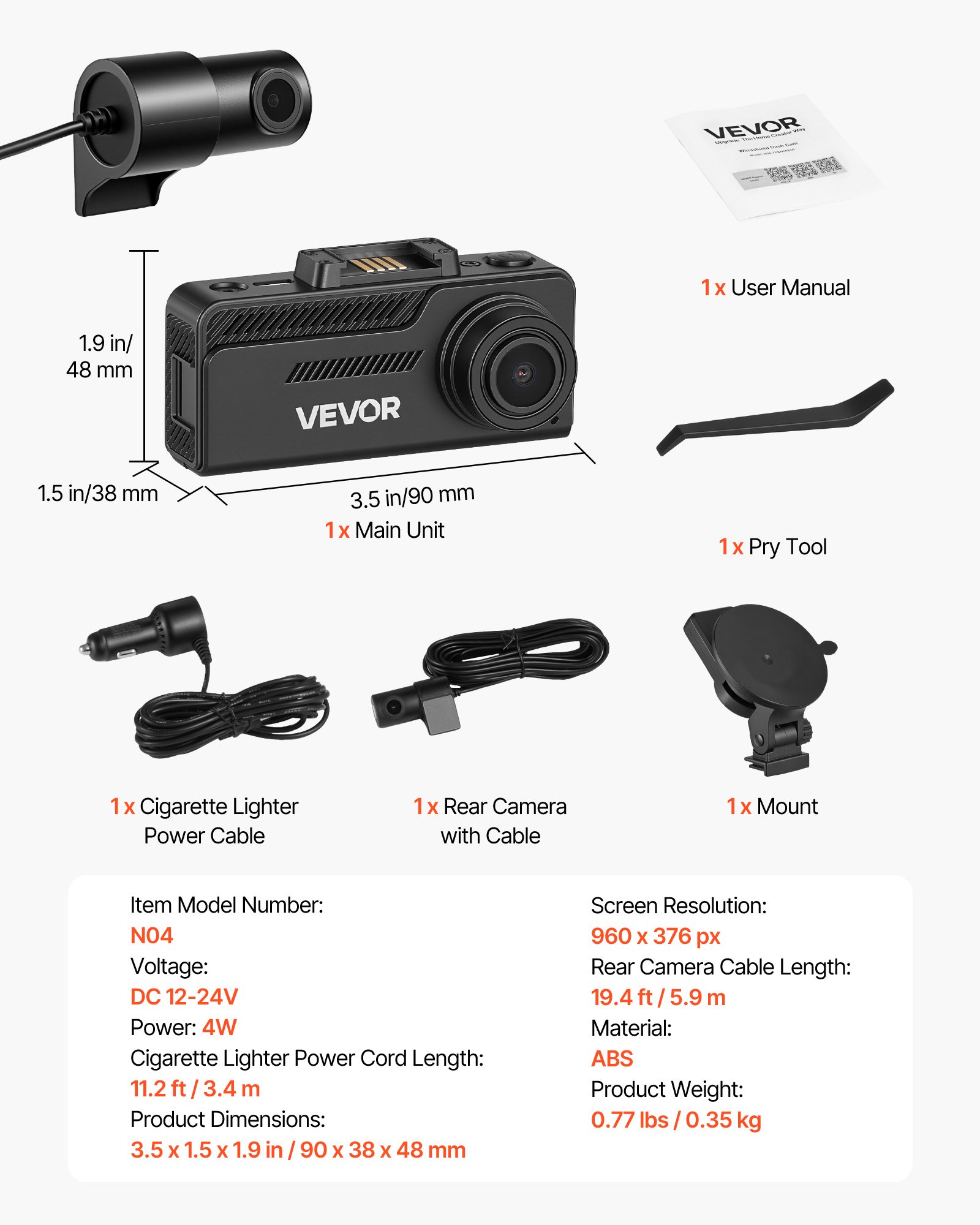 VEVOR Dash Cam Front and Rear, 4K+1080P, 32 GB Card Included, Dual Channel Dash Camera for Cars with Built-in GPS, G-Sensor, Front 129° & Rear 125°, 80.8 mm Large Screen, Loop Recording, Parking Mode