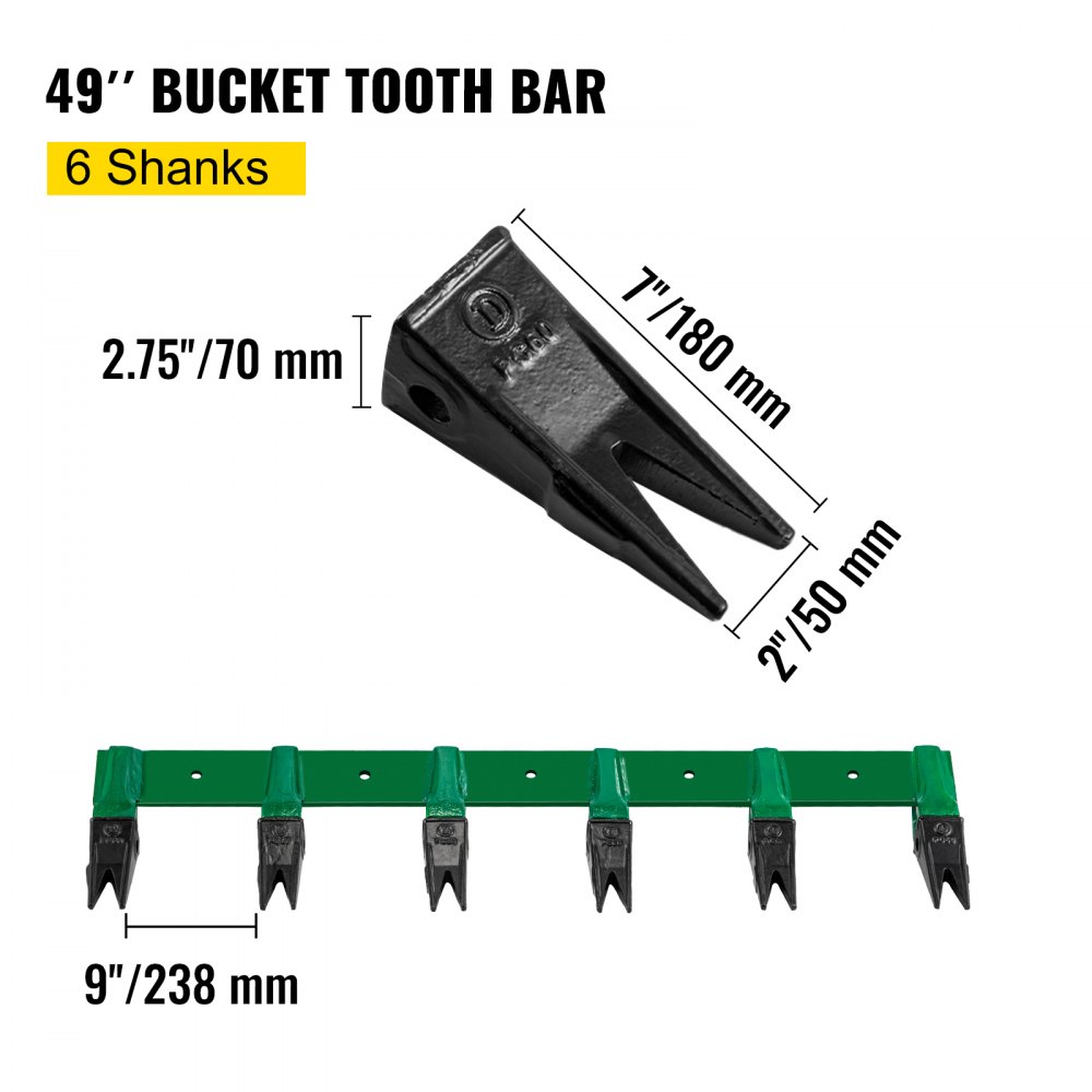 VEVOR Bucket Tooth Bar, 49'' Bolt on Tooth Bar, with 6 Weld-on Shanks and 7'' Long Replaceable Tooth, Heavy Duty Cast Iron Design, Clamp-On for Tractor Loader Bucket - No Drilling Required