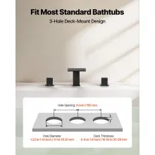 VEVOR Roman Tub Faucet, 3 Hole Waterfall Bathtub Faucet, Roman Bathtub Faucets Set with 2 Handles, Deck Mount Bath Tub Faucets Set for Pet Washing, Baby Care, Adult Bathing, Matte Black, Drip-Free