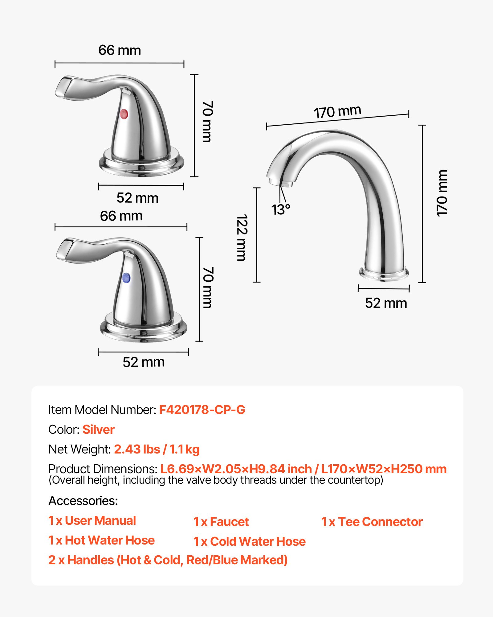 VEVOR Roman Tub Faucet, 3 Hole Waterfall Bathtub Faucet, Gooseneck Bath Tubs Faucets Set with 2 Handles, Deck Mount Bath Tub Faucets Set for Adult Bathing, Silver, High Arc Spout, Temperature Control