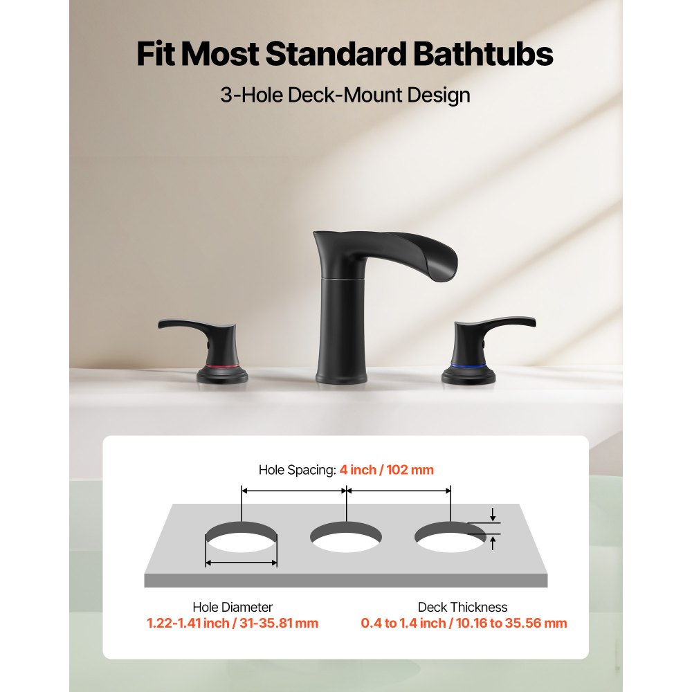 VEVOR Roman Tub Faucet, 3 Hole Waterfall Bathtub Faucet, Zinc Alloy Bath Tubs Faucets Set with 2 Handles, Roman Tub Faucets Deck Mount for Pet Washing, Adult Bathing, Matte Black, Temperature Control