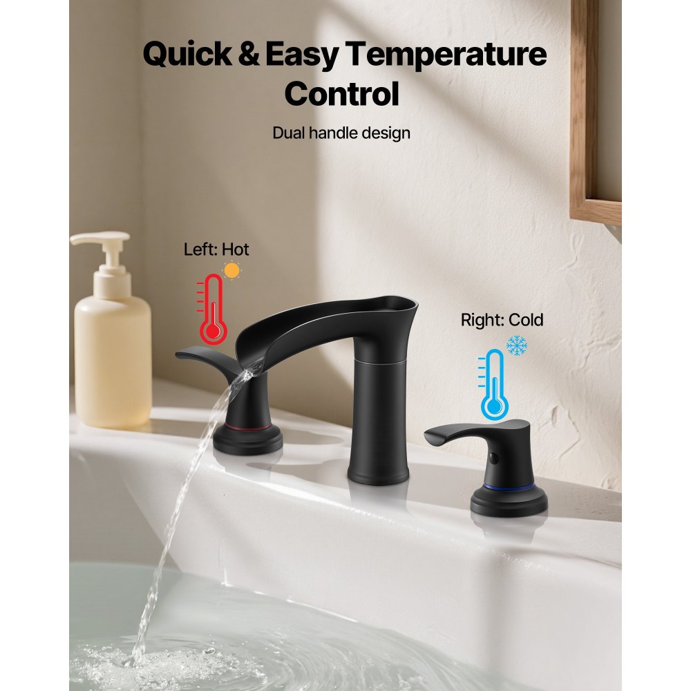 VEVOR Roman Tub Faucet, 3 Hole Waterfall Bathtub Faucet, Zinc Alloy Bath Tubs Faucets Set with 2 Handles, Roman Tub Faucets Deck Mount for Pet Washing, Adult Bathing, Matte Black, Temperature Control