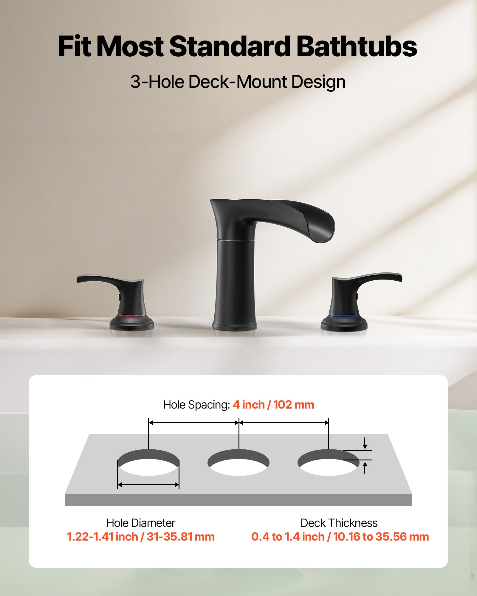 VEVOR Roman Tub Faucet, 3 Hole Waterfall Bathtub Faucet, Zinc Alloy Bath Tubs Faucets Set with 2 Handles, Roman Tub Faucets Deck Mount for Pet Washing, Adult Bathing, Matte Black, Temperature Control