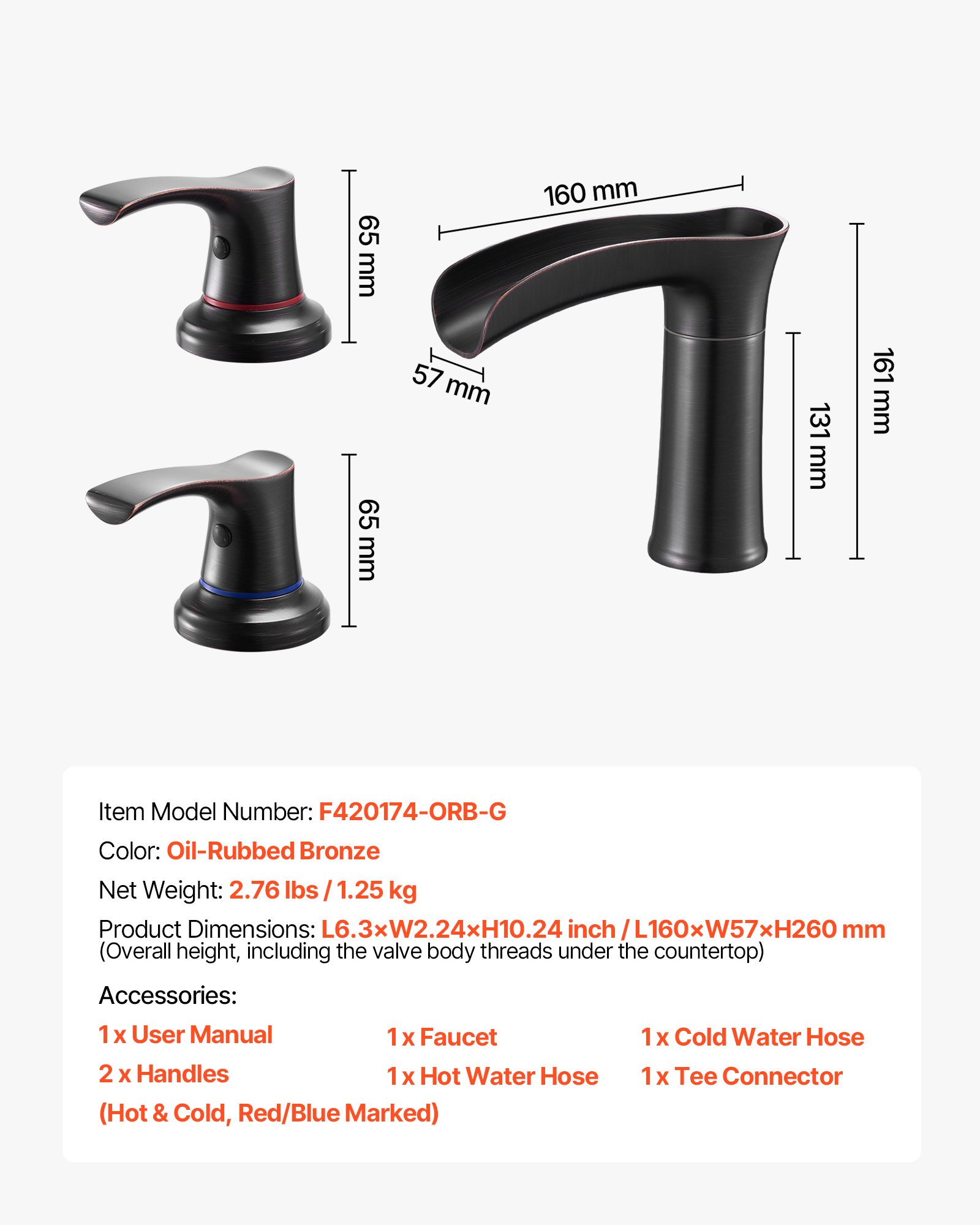 VEVOR Roman Tub Faucet, 3 Hole Waterfall Bathtub Faucet, Zinc Alloy Bath Tubs Faucets Set with 2 Handles, Deck Mount Bath Tub Faucets Set for Pet Washing, Adult Bathing, Oil-Rubbed Bronze, Drip-Free