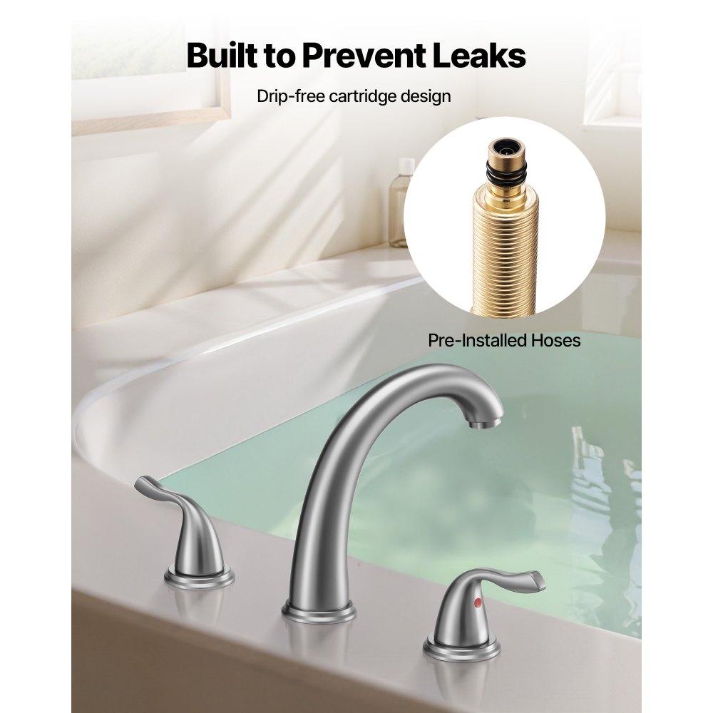 VEVOR Roman Tub Faucet, 3 Hole Waterfall Bathtub Faucet, Gooseneck Bath Tubs Faucets Set with 2 Handles, Deck Mount Bath Tub Faucets Set for Adult Bathing, Brushed Stainless Steel, High Arc Spout