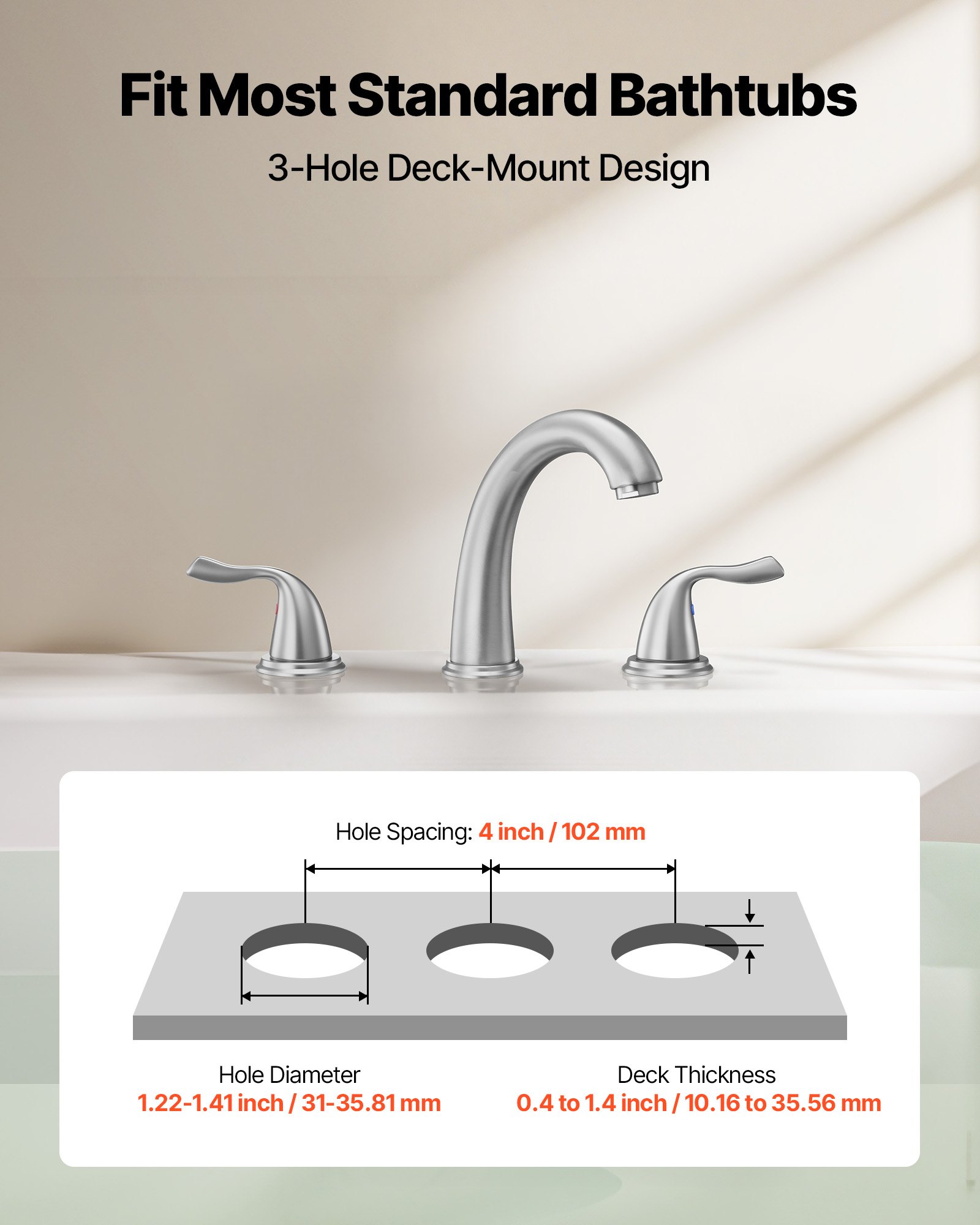 VEVOR Roman Tub Faucet, 3 Hole Waterfall Bathtub Faucet, Gooseneck Bath Tubs Faucets Set with 2 Handles, Deck Mount Bath Tub Faucets Set for Adult Bathing, Brushed Stainless Steel, High Arc Spout