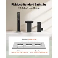 VEVOR Roman Tub Faucet, 3 Hole Waterfall Bathtub Faucet,  Roman Bathtub Faucets Set with Shower Head & 1 Handle, Romans Bathtub Faucets for Pet Washing, Adult Bathing, Matte Black, Stainless Steel