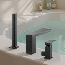 VEVOR Roman Tub Faucet, 3 Hole Waterfall Bathtub Faucet,  Roman Bathtub Faucets Set with Shower Head & 1 Handle, Romans Bathtub Faucets for Pet Washing, Adult Bathing, Matte Black, Stainless Steel