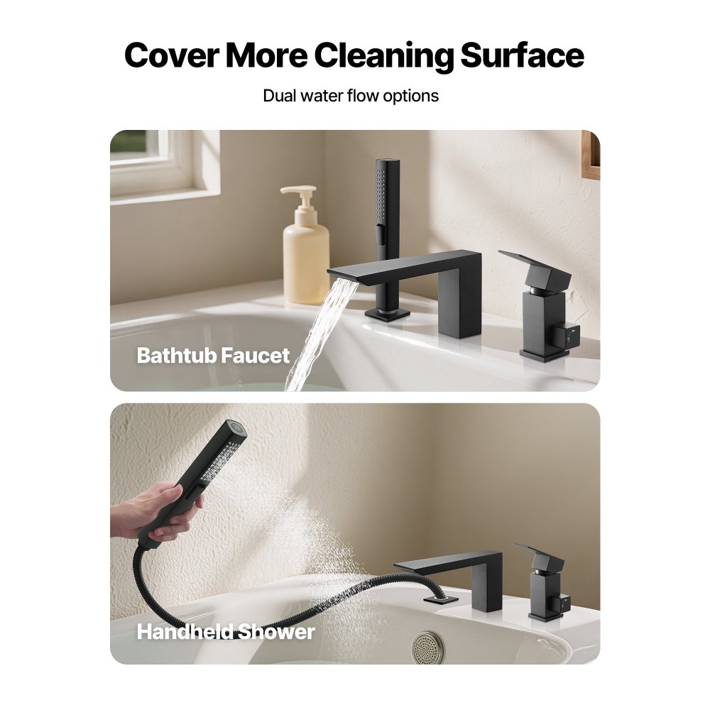 VEVOR Roman Tub Faucet, 3 Hole Waterfall Bathtub Faucet,  Roman Bathtub Faucets Set with Shower Head & 1 Handle, Deck Mount Bath Tub Faucets Set for Baby Care, Matte Black, Stainless Steel, Drip-Free
