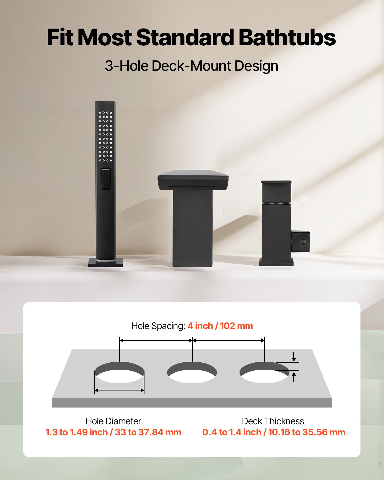 VEVOR Roman Tub Faucet, 3 Hole Waterfall Bathtub Faucet,  Roman Bathtub Faucets Set with Shower Head & 1 Handle, Deck Mount Bath Tub Faucets Set for Baby Care, Matte Black, Stainless Steel, Drip-Free