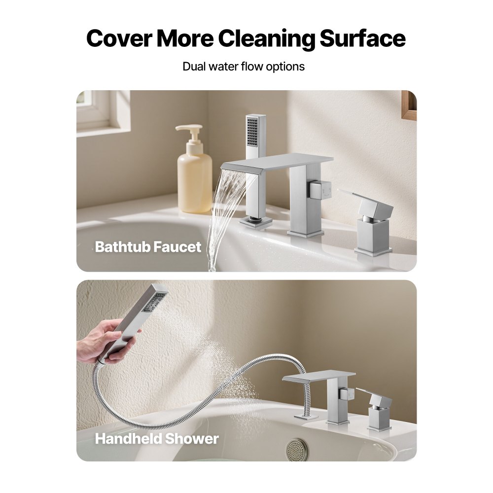 VEVOR Roman Tub Faucet, 3 Hole Waterfall Bathtub Faucet, Widespread Roman Tub Faucets with Shower Head & 1 Handle, Romans Bathtub Faucets for Pet Washing, Adult Bathing, Brushed Stainless Steel