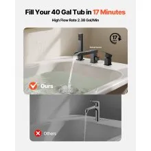 VEVOR Roman Tub Faucet, 3 Hole Waterfall Bathtub Faucet, Widespread Roman Tub Faucets with Shower Head & 1 Handle, Romans Bathtub Faucets for Pet Washing, Adult Bathing, Matte Black, Dual Water Flow
