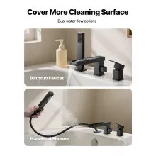 VEVOR Roman Tub Faucet, 3 Hole Waterfall Bathtub Faucet, Widespread Roman Tub Faucets with Shower Head & 1 Handle, Romans Bathtub Faucets for Pet Washing, Adult Bathing, Matte Black, Dual Water Flow