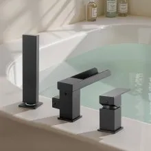 VEVOR Roman Tub Faucet, 3 Hole Waterfall Bathtub Faucet, Widespread Roman Tub Faucets with Shower Head & 1 Handle, Romans Bathtub Faucets for Pet Washing, Adult Bathing, Matte Black, Dual Water Flow