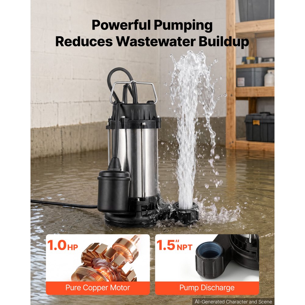 VEVOR Submersible Sump Pump 1 HP 5300 GPH Max Stainless Steel Sewage Pump, for Basement Septic Tank Residential Effluent, with Automatic Tethered Float Switch, 1.5-Inch NPT Discharge, 36 ft Max Lift