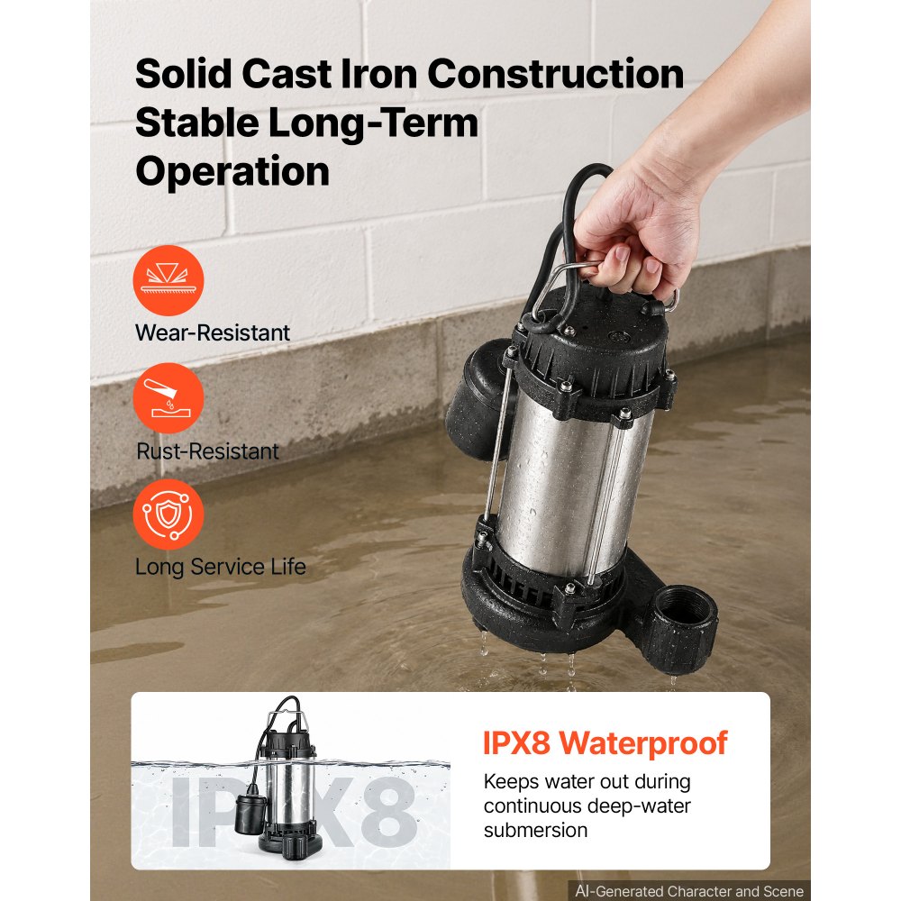 VEVOR Submersible Sump Pump 1 HP 5300 GPH Max Stainless Steel Sewage Pump, for Basement Septic Tank Residential Effluent, with Automatic Tethered Float Switch, 1.5-Inch NPT Discharge, 36 ft Max Lift