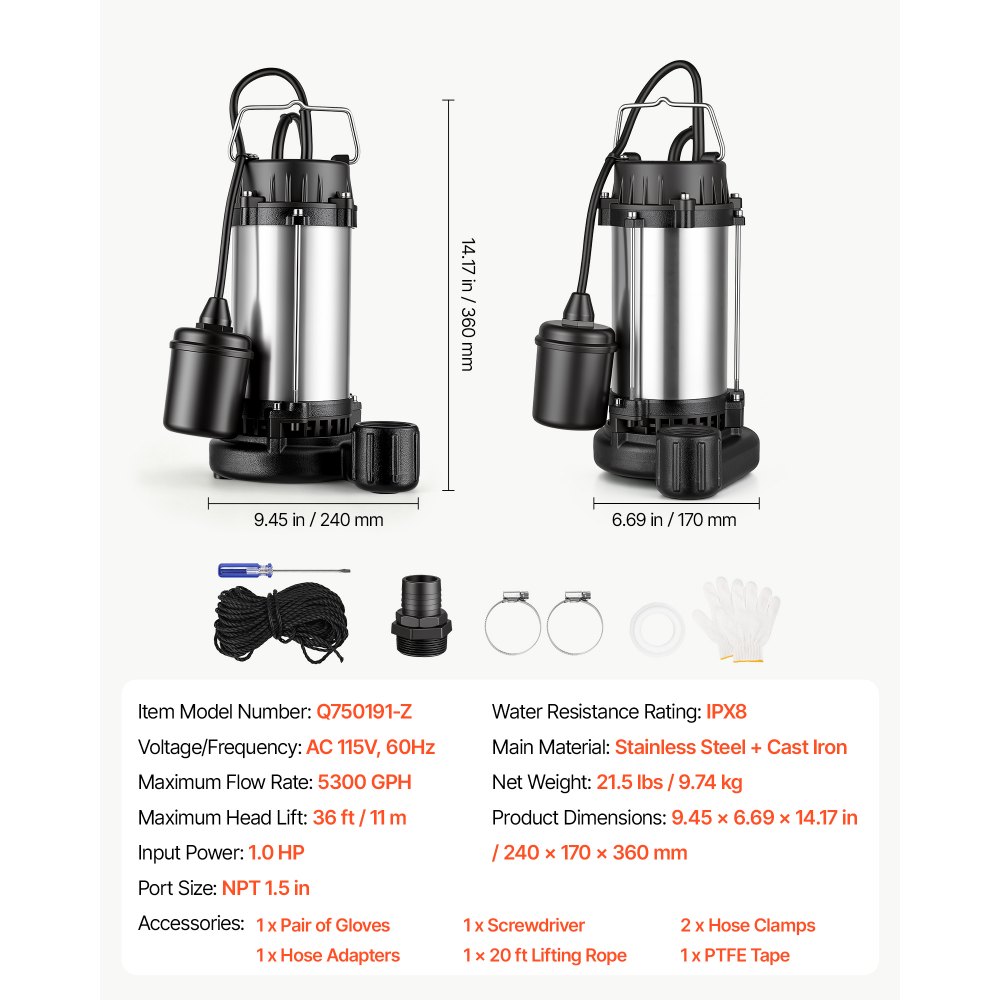 VEVOR Submersible Sump Pump 1 HP 5300 GPH Max Stainless Steel Sewage Pump, for Basement Septic Tank Residential Effluent, with Automatic Tethered Float Switch, 1.5-Inch NPT Discharge, 36 ft Max Lift