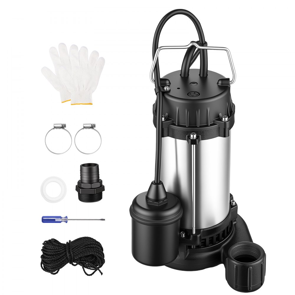 VEVOR Submersible Sump Pump 1 HP 5300 GPH Max Stainless Steel Sewage Pump, for Basement Septic Tank Residential Effluent, with Automatic Tethered Float Switch, 1.5-Inch NPT Discharge, 36 ft Max Lift