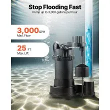 VEVOR Submersible Sewage Pump 1/3 HP Cast Iron Sewage/Effluent Pump 3000 GPH