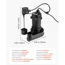 VEVOR Submersible Sewage Pump 1/3 HP Cast Iron Sewage/Effluent Pump 3000 GPH
