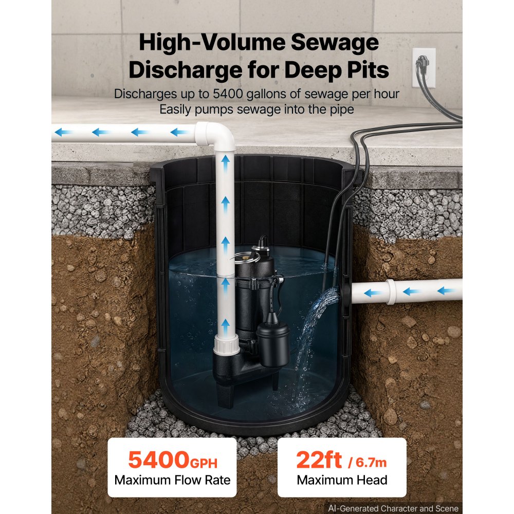 VEVOR Submersible Sump Pump 1/2 HP 5400 GPH Cast Iron Sewage/Effluent Pump, for Basement Septic Tank Residential, Automatic Tethered Float Switch, 2-Inch NPT Discharge, 22 ft Lift, IPX8 Waterproof