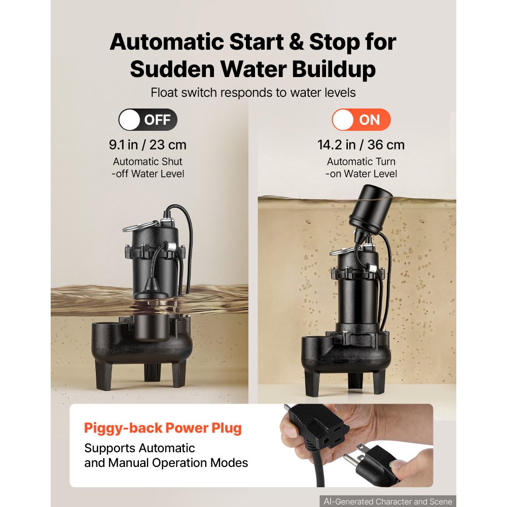 VEVOR Submersible Sump Pump 1/2 HP 5400 GPH Cast Iron Sewage/Effluent Pump, for Basement Septic Tank Residential, Automatic Tethered Float Switch, 2-Inch NPT Discharge, 22 ft Lift, IPX8 Waterproof