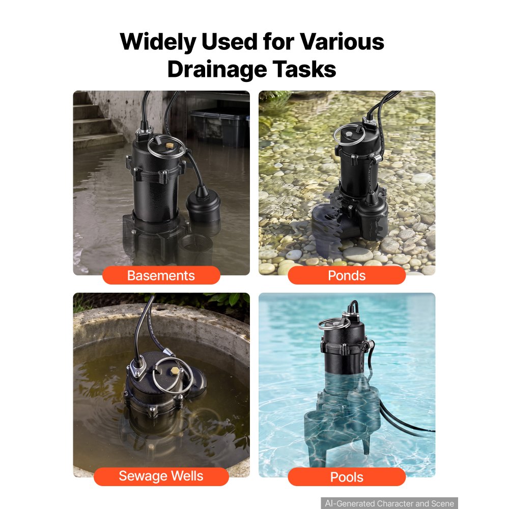 VEVOR Submersible Sump Pump 1/2 HP 5400 GPH Cast Iron Sewage/Effluent Pump, for Basement Septic Tank Residential, Automatic Tethered Float Switch, 2-Inch NPT Discharge, 22 ft Lift, IPX8 Waterproof