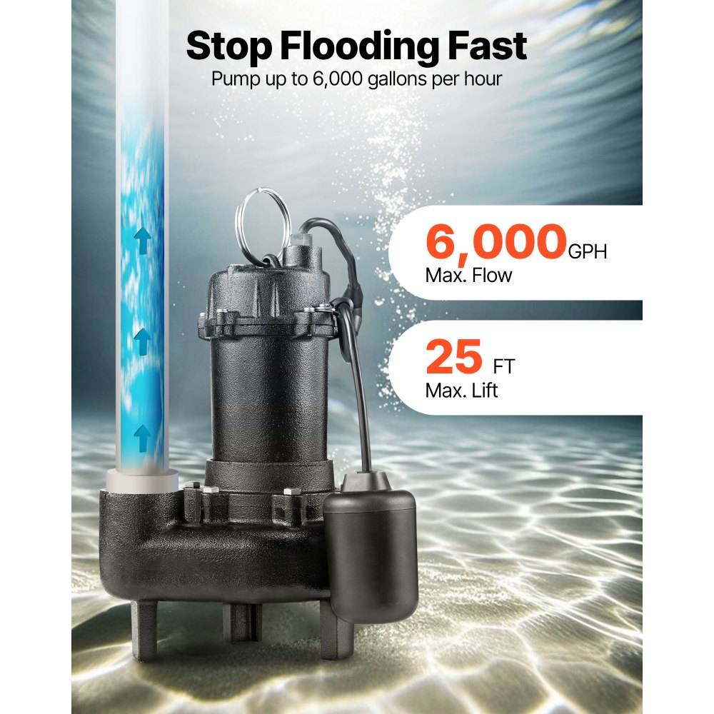 VEVOR Submersible Sewage Pump, 1/2 HP, 6000 GPH Cast Iron Sewage/Effluent Pump with Automatic Tethered Float Switch, 2-Inch NPT Discharge, 120V, 25 ft Max Lift, for Basement, Septic Tank, Residential