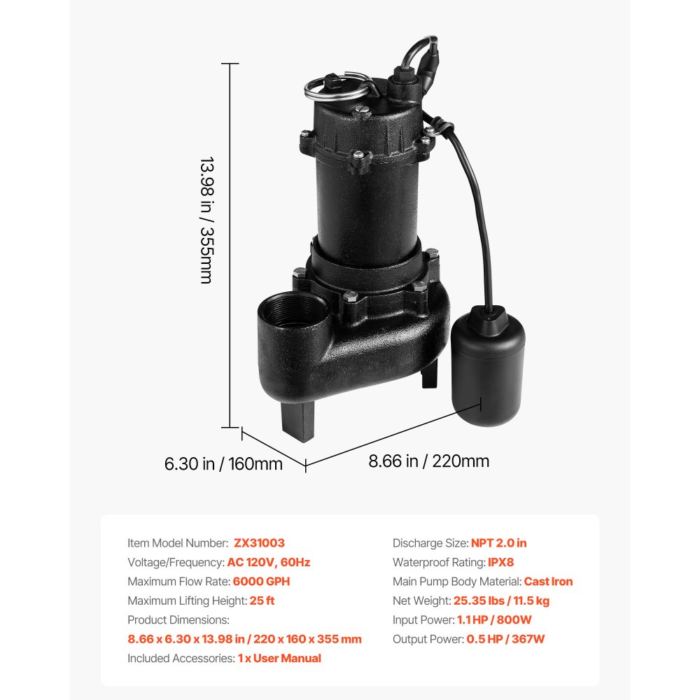 VEVOR Submersible Sewage Pump, 1/2 HP, 6000 GPH Cast Iron Sewage/Effluent Pump with Automatic Tethered Float Switch, 2-Inch NPT Discharge, 120V, 25 ft Max Lift, for Basement, Septic Tank, Residential