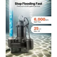 VEVOR Submersible Sewage Pump 1/2 HP Cast Iron Sewage/Effluent Pump 6000 GPH