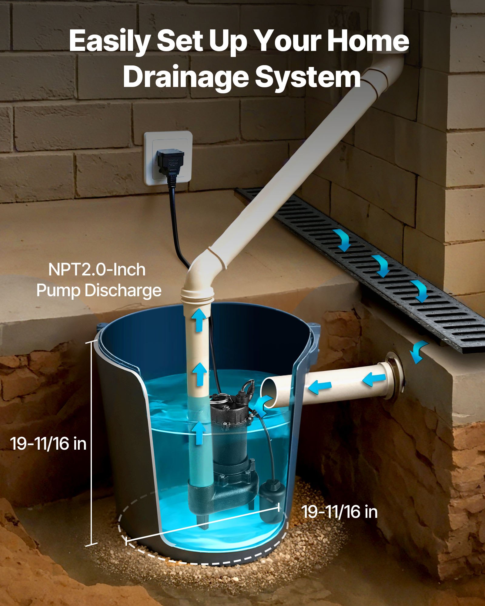 VEVOR Submersible Sewage Pump, 1/2 HP, 6000 GPH Cast Iron Sewage/Effluent Pump with Automatic Tethered Float Switch, 2-Inch NPT Discharge, 120V, 25 ft Max Lift, for Basement, Septic Tank, Residential