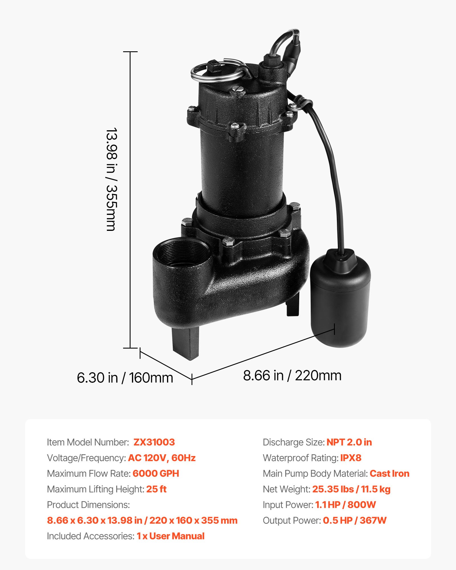 VEVOR Submersible Sewage Pump, 1/2 HP, 6000 GPH Cast Iron Sewage/Effluent Pump with Automatic Tethered Float Switch, 2-Inch NPT Discharge, 120V, 25 ft Max Lift, for Basement, Septic Tank, Residential