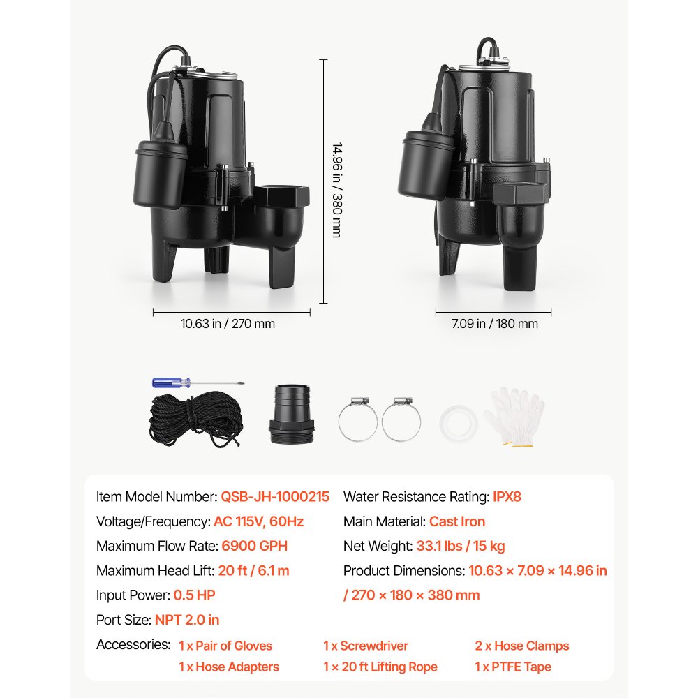 VEVOR Submersible Sump Pump 1/2 HP 6900 GPH Cast Iron Sewage/Effluent Pump, for Basement Septic Tank Residential, Automatic Tethered Float Switch, 2-Inch NPT Discharge, 20 ft Lift, IPX8 Waterproof
