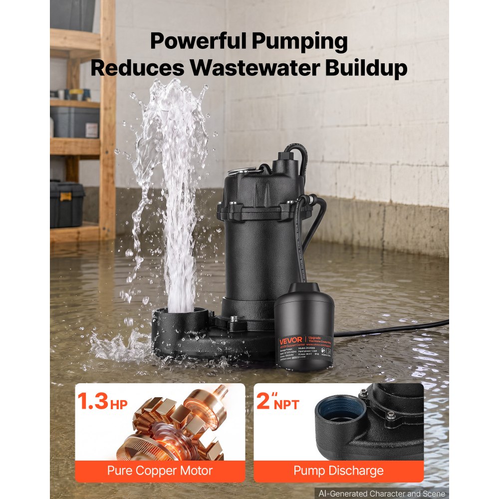 VEVOR Submersible Sump Pump 1.3 HP 5100 GPH Cast Iron Sewage/Effluent Pump, for Basement Septic Tank Residential, Automatic Tethered Float Switch, 2-Inch NPT Discharge, 40 ft Lift, IPX8 Waterproof