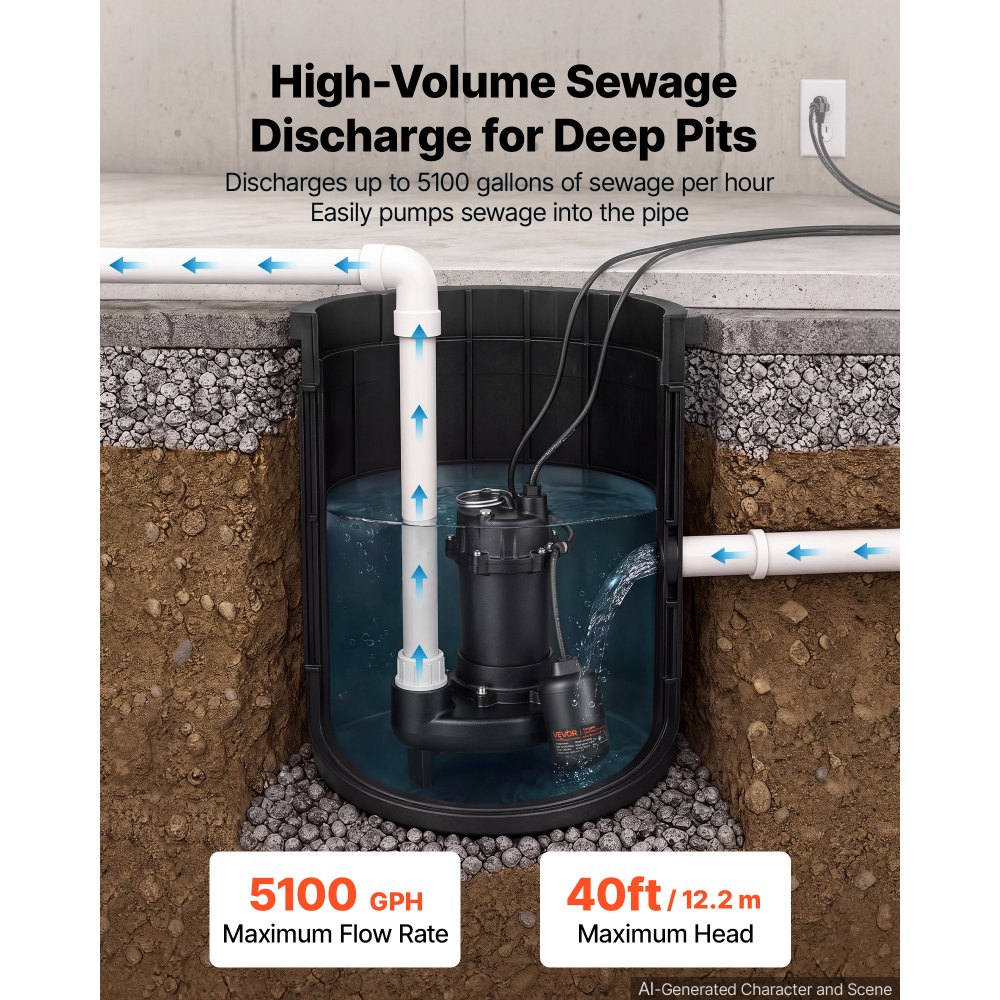 VEVOR Submersible Sump Pump 1.3 HP 5100 GPH Cast Iron Sewage/Effluent Pump, for Basement Septic Tank Residential, Automatic Tethered Float Switch, 2-Inch NPT Discharge, 40 ft Lift, IPX8 Waterproof