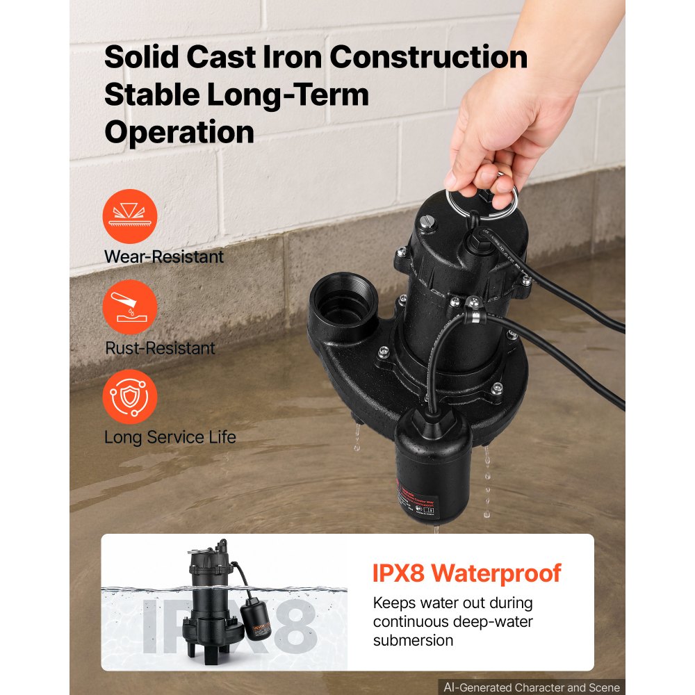 VEVOR Submersible Sump Pump 1.3 HP 5100 GPH Cast Iron Sewage/Effluent Pump, for Basement Septic Tank Residential, Automatic Tethered Float Switch, 2-Inch NPT Discharge, 40 ft Lift, IPX8 Waterproof